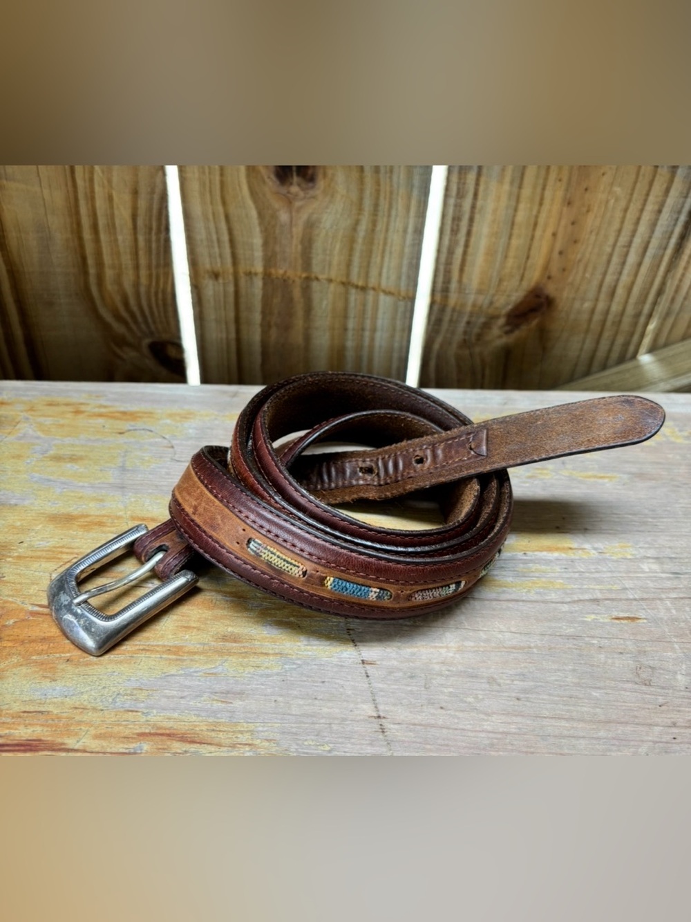 Brighton Seacliff Two Tone Brown Leather with Multi Color Stitching Belt Size 42